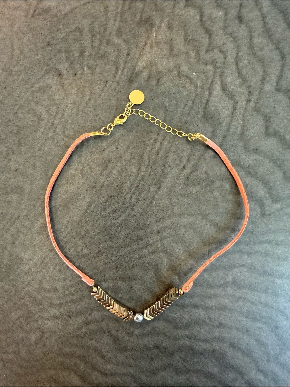 Gold Chevron Accent Pink Suede Choker Necklace